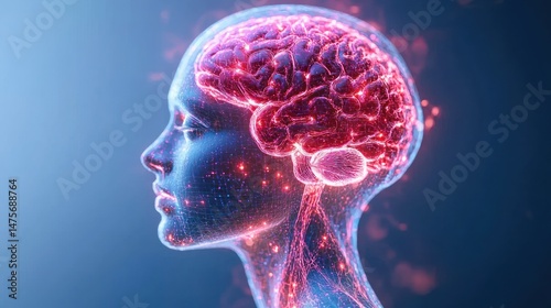 Side profile of a digital human head with illuminated brain and neural connections glowing in bright pink and purple hues symbolizing intelligence and neural activity