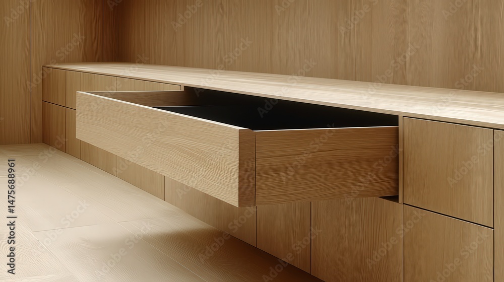Modern Minimalist Interior with Open Drawer on Stylish Wooden Cabinet in Bright, Well-Lit Space Featuring Clean Lines and Warm Tones Modern Minimalist Interior with Open Drawer on Stylish Wooden Cabinet in Bright, Well-Lit Space Featuring Clean Lines and Warm Tones