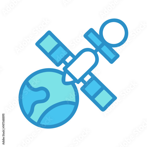 Blue Satellite Icon Orbiting Earth on Black Background