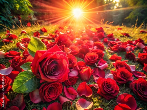 Aerial View of Scattered Red Rose Petals and a Bouquet
