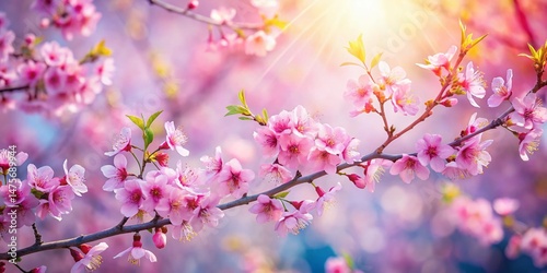 Aerial View of Wild Cherry Blossom Branches, Blurred Spring Background