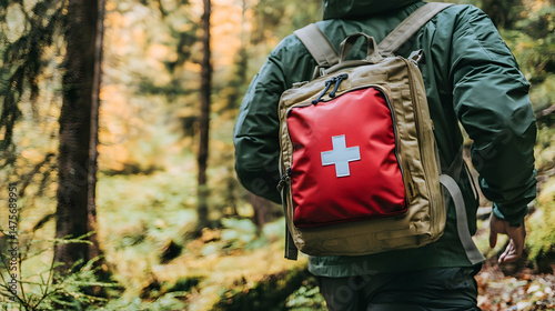 Hiker carries first aid kit in autumn forest