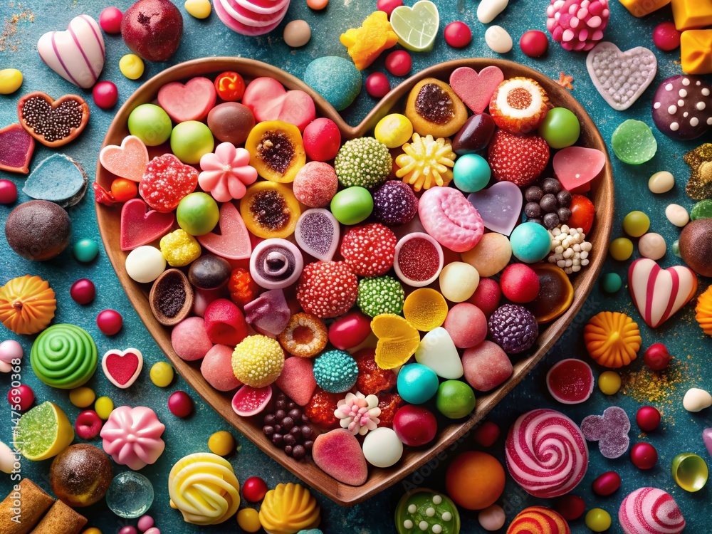 Fototapeta premium Aerial View Valentine's Day Candy Heart Collage, Sweet Treats, Romantic Dessert