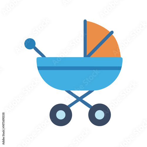 Blue and orange baby stroller isolated on black background