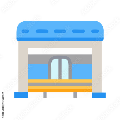 Cartoon bus stop icon in blue and yellow