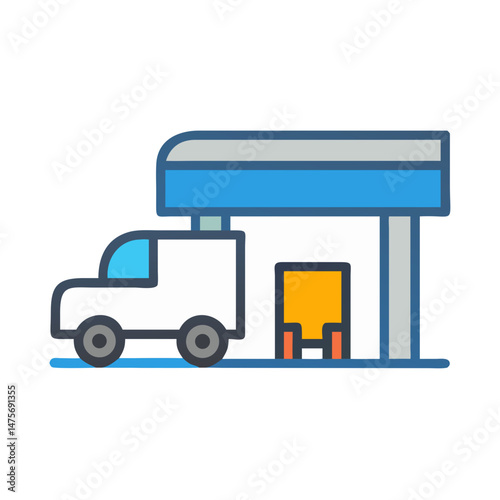 Delivery truck unloading goods at warehouse icon vector