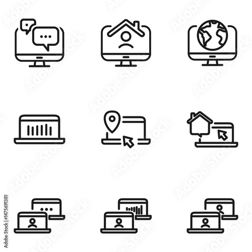 Remote Work Line Icons . Freelancer Work from Home, Video Call, Online Meeting, Teleconference Vector Set
