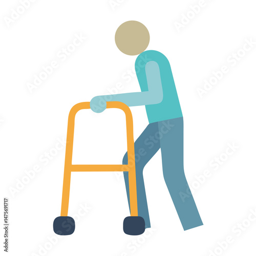 Elderly man using a walker on a black background