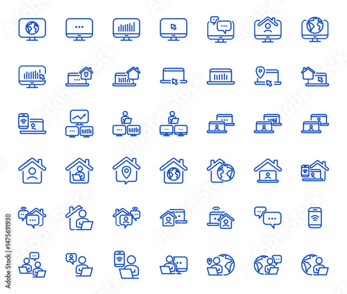 Remote Work Line Icons . Freelancer Work from Home, Video Call, Online Meeting, Teleconference Vector Set