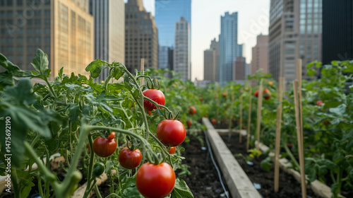 Ripe tomatoes growing in urban rooftop garden with skyscraper view