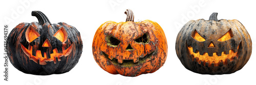 Jack o Lanterns Glowing with Spooky Faces for Halloween isolated on transparent png