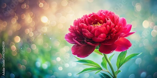 Blooming Red Peony Watercolor Painting with Bokeh, Elegant Floral Design