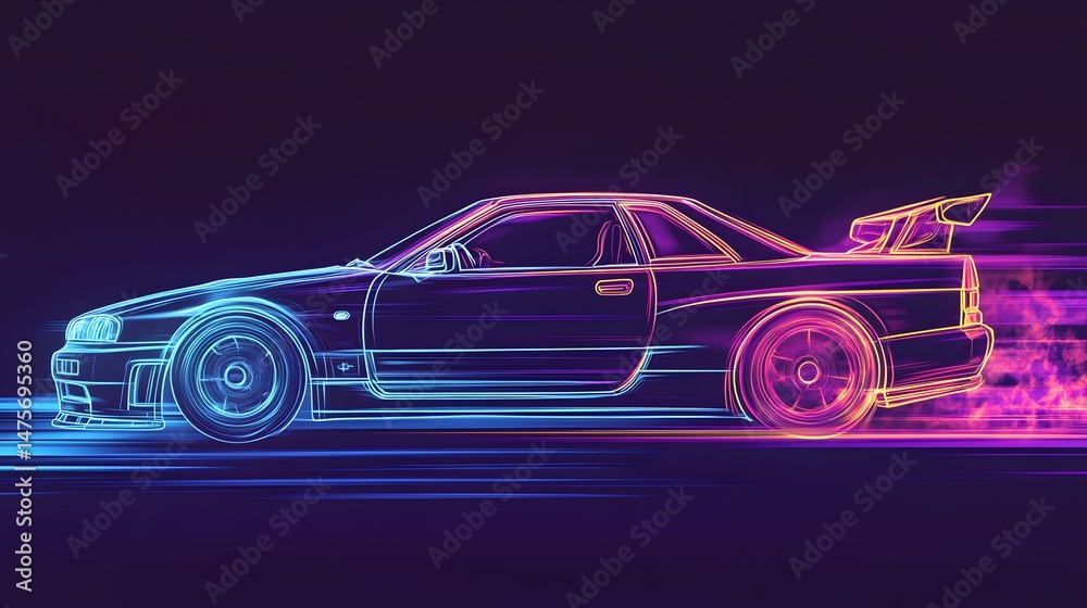 Fototapeta premium Fast, futuristic sports car outline in vibrant neon.