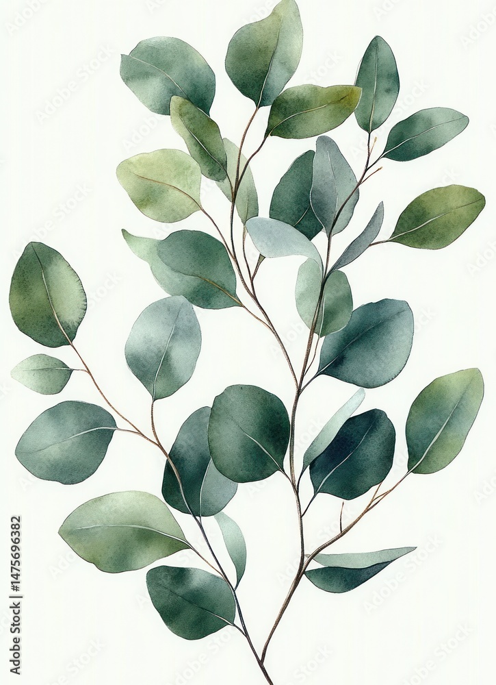 Fototapeta Delicate watercolor painting of eucalyptus branches with varied green leaves on slender brown stems on a white background