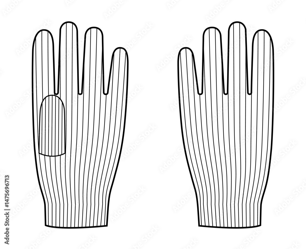 Obraz premium Knit Wool Gloves Short length Fashion hand accessory clothing technical illustration garment. Vector front palm back view for Men women, unisex style flat template CAD mockup sketch outline