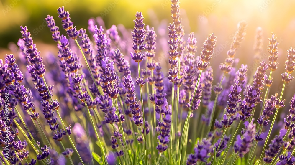 Naklejka premium A vibrant display of purple lavender blossoms in sunlight.