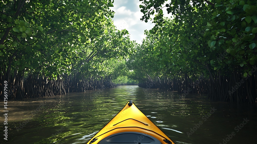 Fototapeta premium Kayaking through lush waterway scenic view adventure travel concept