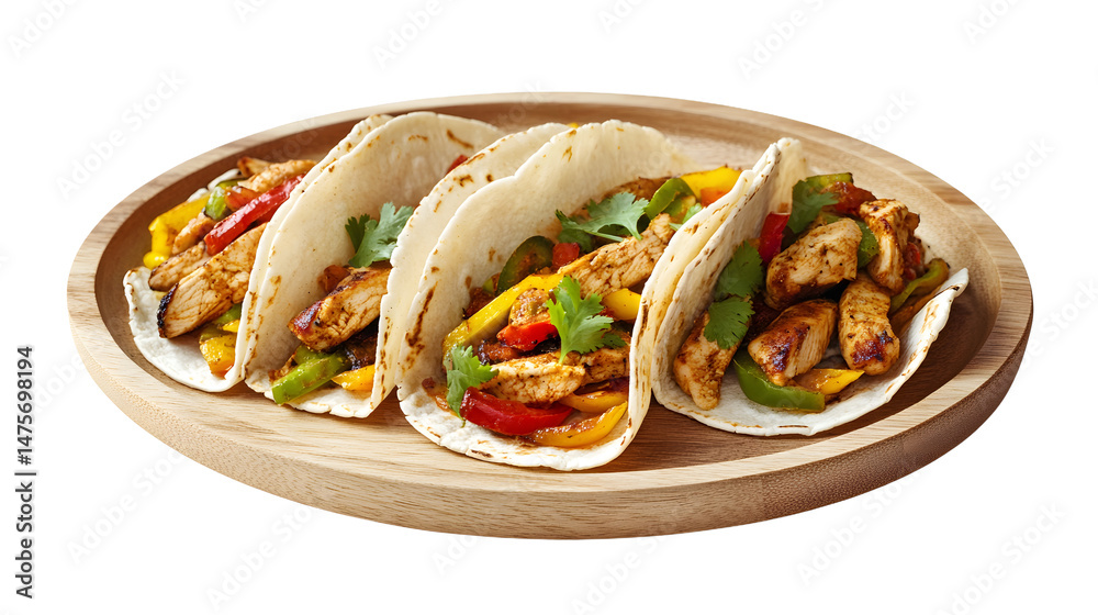 chicken fajita food on wooden plate isolated on white or transparent png