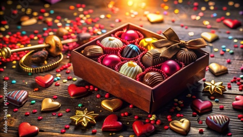 Close-up Valentine's Day Chocolate Box with Keys & Confetti