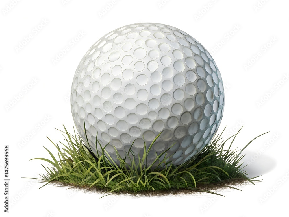 Fototapeta premium Golf ball isolated on white background. A white golf ball is sitting on a green grassy field.