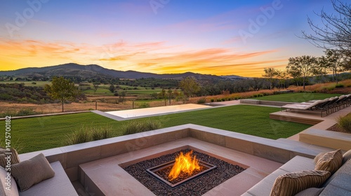 Modern Outdoor Fire Pit with Seating and Mountain Backdrop at Dusk