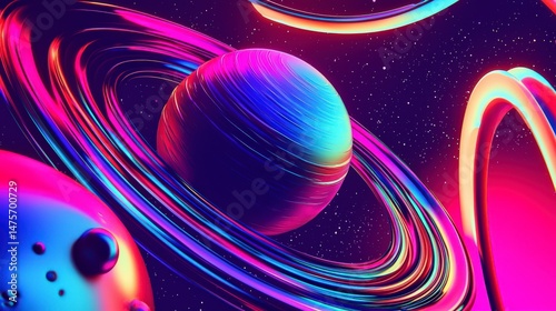 Bright Neon Art Piece Featuring Planets and Constellations in Space