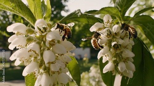 Bees Collecting Nectar from Blossoms in Soft Morning Light