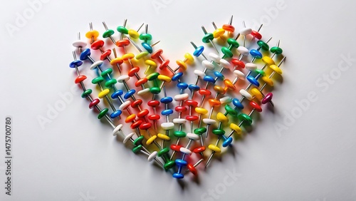 Colorful Thumbtacks Heart Shape Silhouette on White Background - Stock Photo