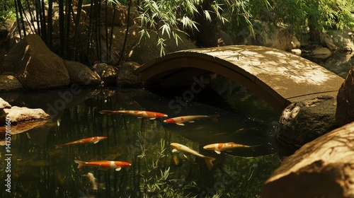 Tranquil Zen Garden with Koi Pond and Curved Stone Bridge