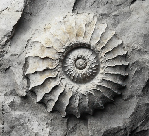 large fossilized ammonite shell embedded in rough gray rock surface with intricate spiral patterns and textured ridges