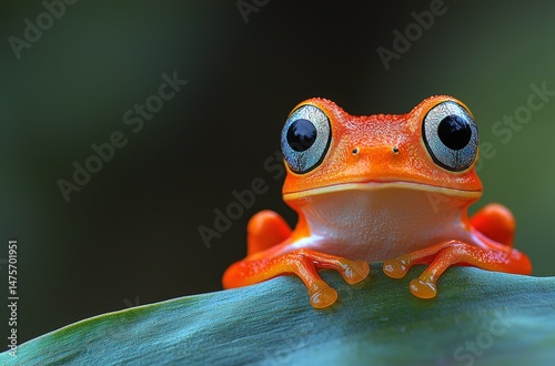 Vibrant Orange Frog Sitting on Leaf with Large Eyes Against a Soft Green Background in a Natural Habitat Setting
