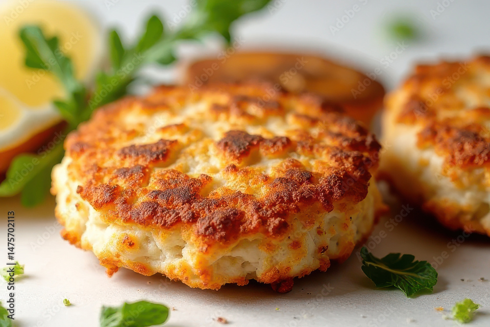 Tempting Crab Cakes in Botanical Brunch Corner: Clean Food Photography with Hard Side Light and Spacious Layout Tempting Crab Cakes in Botanical Brunch Corner: Clean Food Photography with Hard Side Light and Spacious Layout