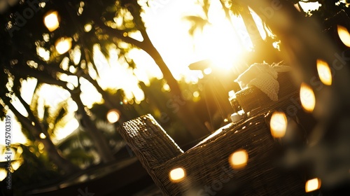 Cozy Outdoor Living Space with Rattan Furniture and String Lights