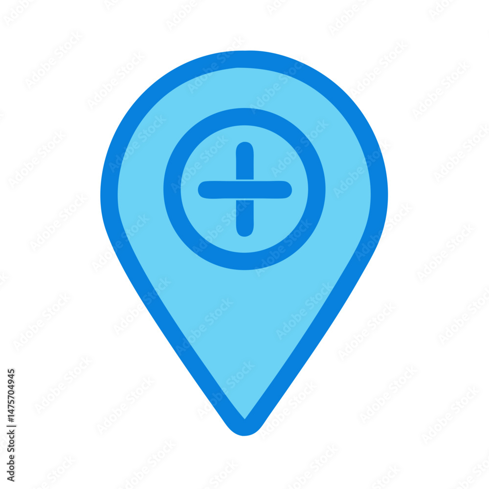Blue Location Pointer Icon with Plus Sign on Black Blue Location Pointer Icon with Plus Sign on Black