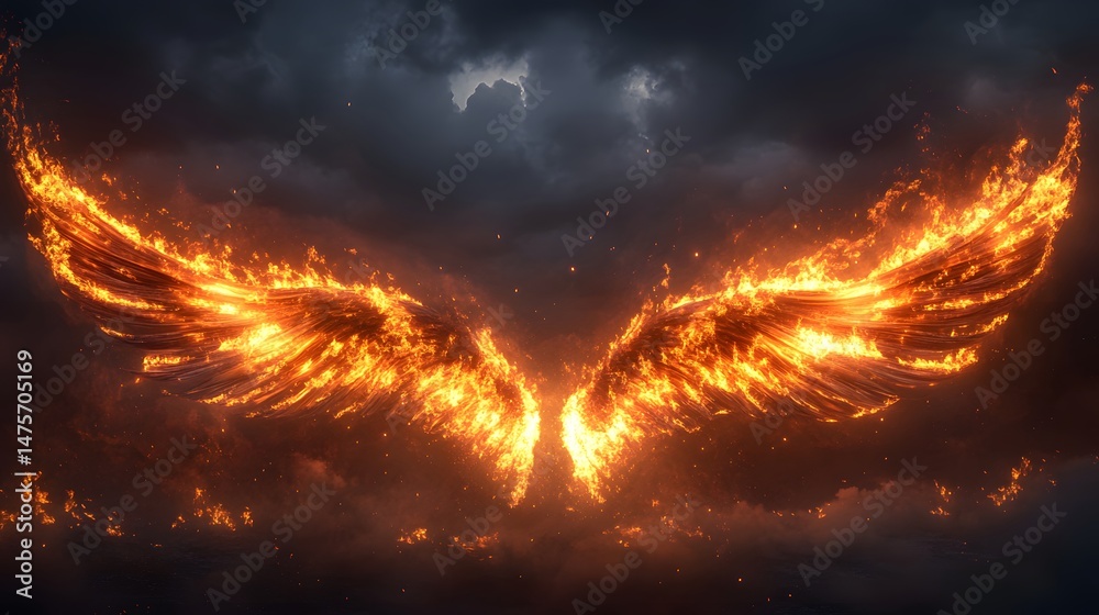 Fototapeta premium Fiery, burning wings against a stormy sky.