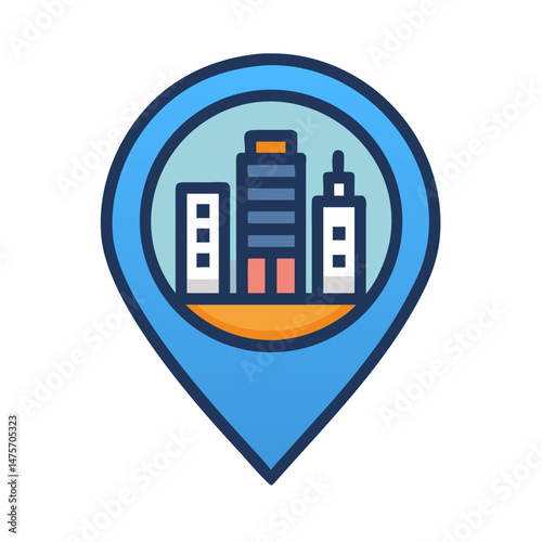 City location pin icon showing tall buildings skyline