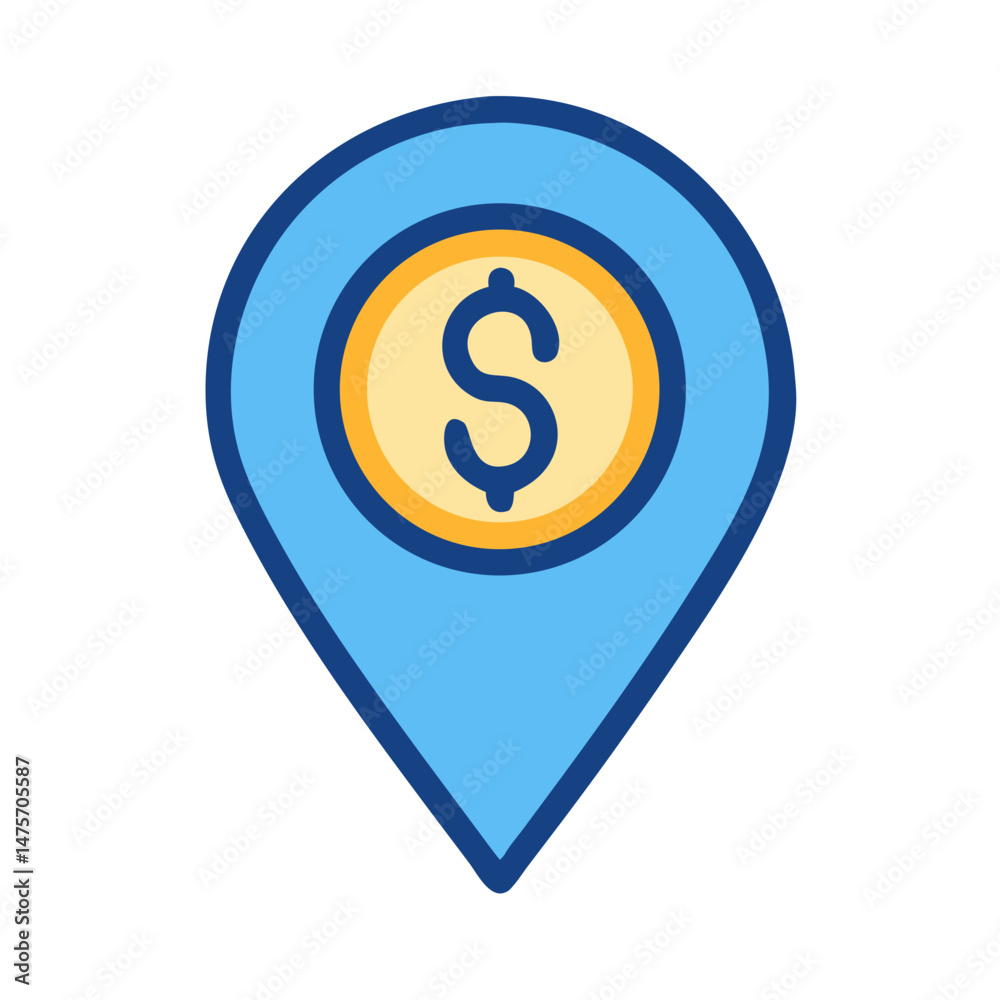 Blue location pin icon with dollar coin inside Blue location pin icon with dollar coin inside