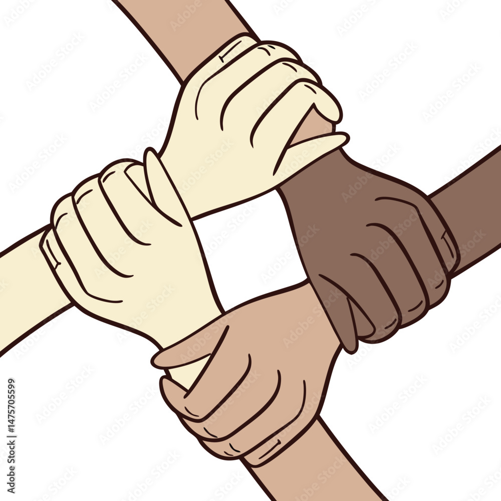 Four Diverse Hands Clasped Together in Unity – Transparent Background Symbolizing Inclusion and Support Four Diverse Hands Clasped Together in Unity – Transparent Background Symbolizing Inclusion and Support