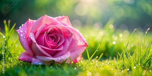 Delicate Pink Rose Close-Up on Lush Green Lawn - Spring Floral Beauty