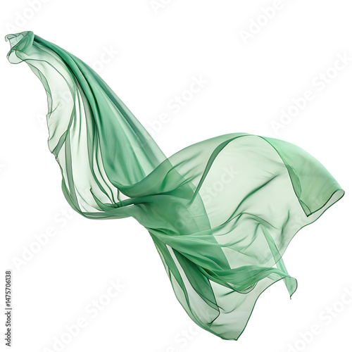 Realistic flying green silk fabric isolated on transparent background.  A green scarf is blowing in the wind. The scarf is long and flowing.