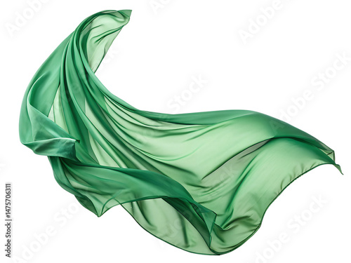 Flying green silk fabric isolated on transparent background. A green silk scarf is shown in the air, with the fabric flowing and creating a sense of movement.