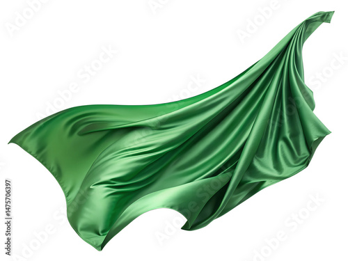 Flying green silk fabric isolated on transparent background. A green silk scarf is shown in the air, with the fabric flowing and creating a sense of movement.