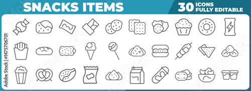 Food icons collection outline style various snack items line art