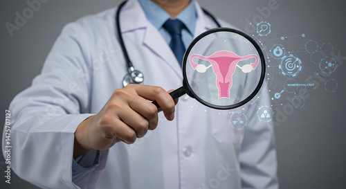 A doctor holding a magnifying glass over a uterus diagram in a medical examination setting image style