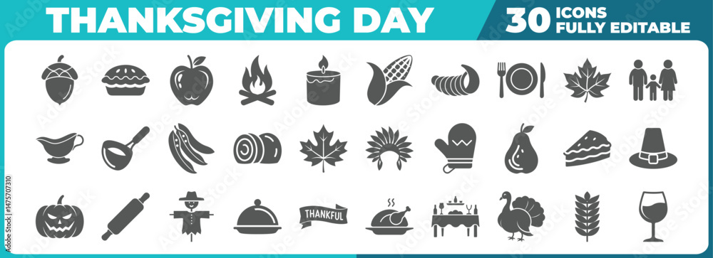Fototapeta premium Thanksgiving day icon set food and family gatherings celebration elements isolated