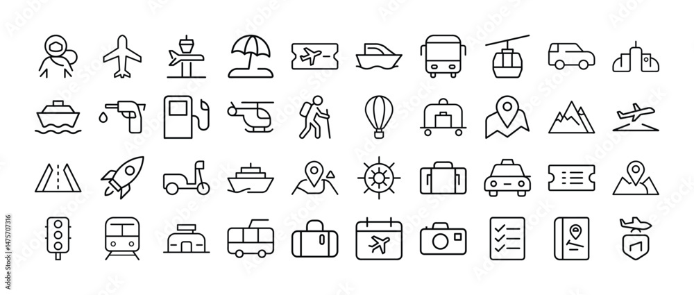 Travel and tourism icon set vector outline style collection Travel and tourism icon set vector outline style collection