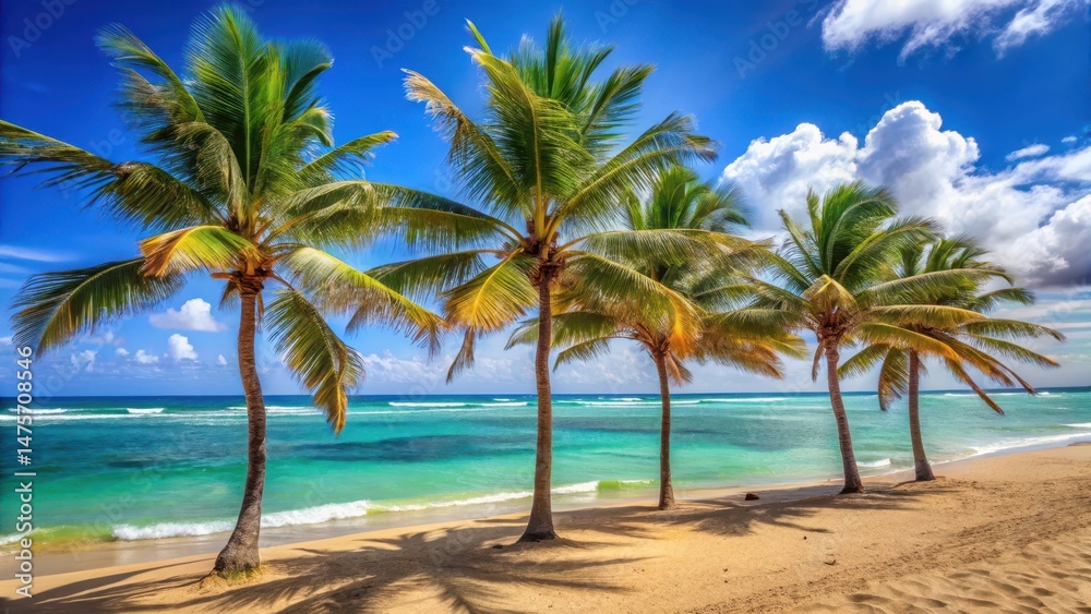 Fototapeta premium Palm trees swaying in the wind against a clear blue sky with golden sand beach and turquoise water in the distance , waves