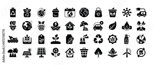 Black glyph icons collection about nature conservation ecology and environmental protection