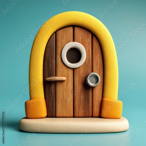 Colorful whimsical door decoration made of clay with vibrant yellow frame, wooden panels, and round window showcasing playful creativity and charm.