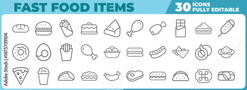 Fast food line icon set thirty different food items
